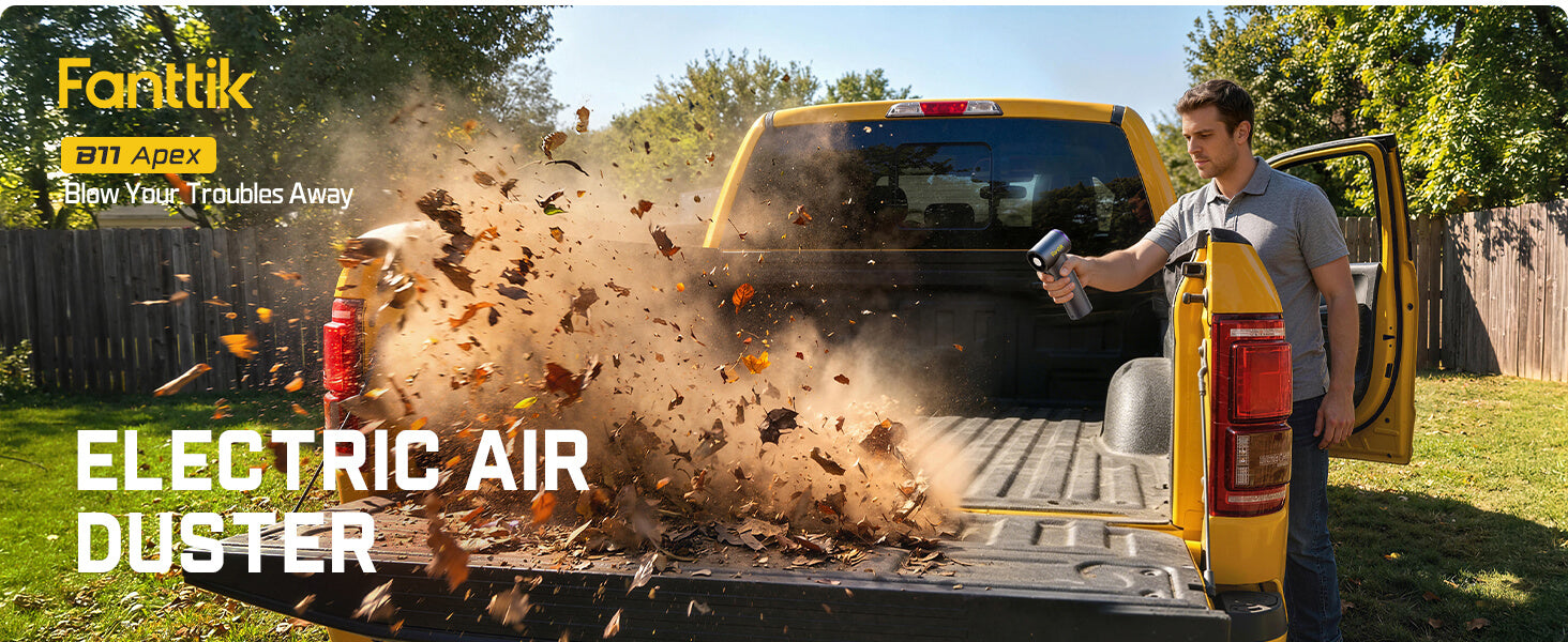 Person using an Fanttik electric air duster on a truck bed with leaves being blown away, featuring Fantik brand.