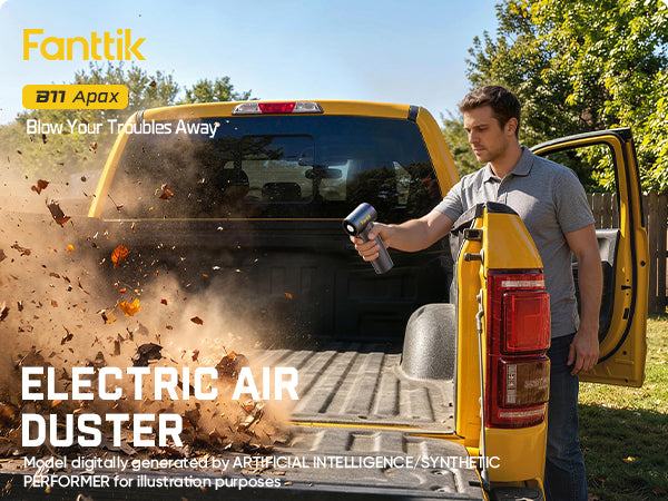 Man using an electric air duster on a truck with 'Fanttik' branding.