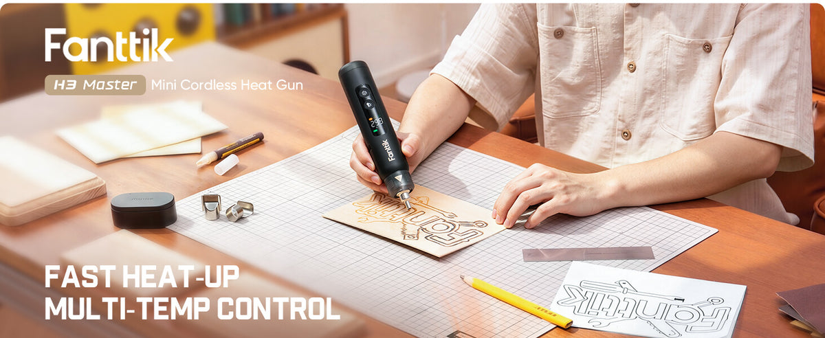 A person using a Fanttik H3 Master cordless heat gun on a piece of paper at a wooden desk, with product text overlays on a warm, styled background.
