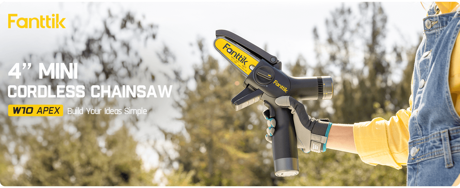 Fanttik TurboLite W10 APEX External Rotor Brushless Motor Mini Chainsaw Cordless with 3 Speed Adjustment, Type-C Fast Charging, LED Light for Tree Wood, Tools for Household and Garden