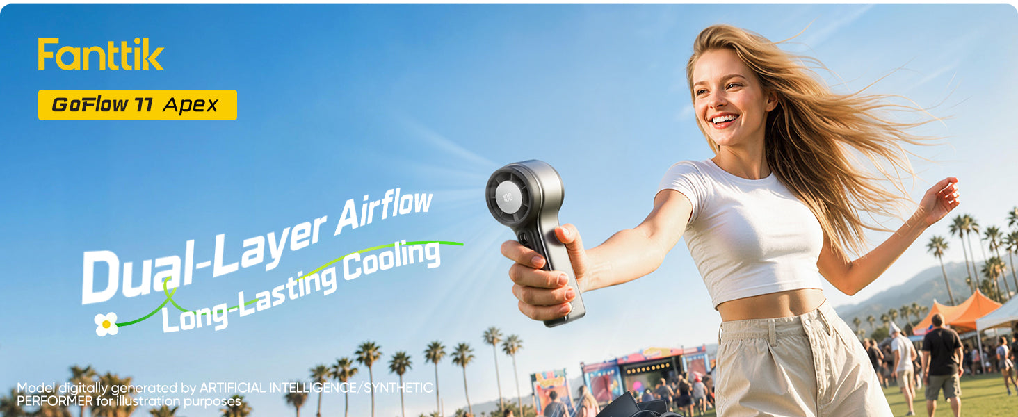 Woman holding a Fanttik GoFlow 11 Apex fan with palm trees and blue sky in the background
