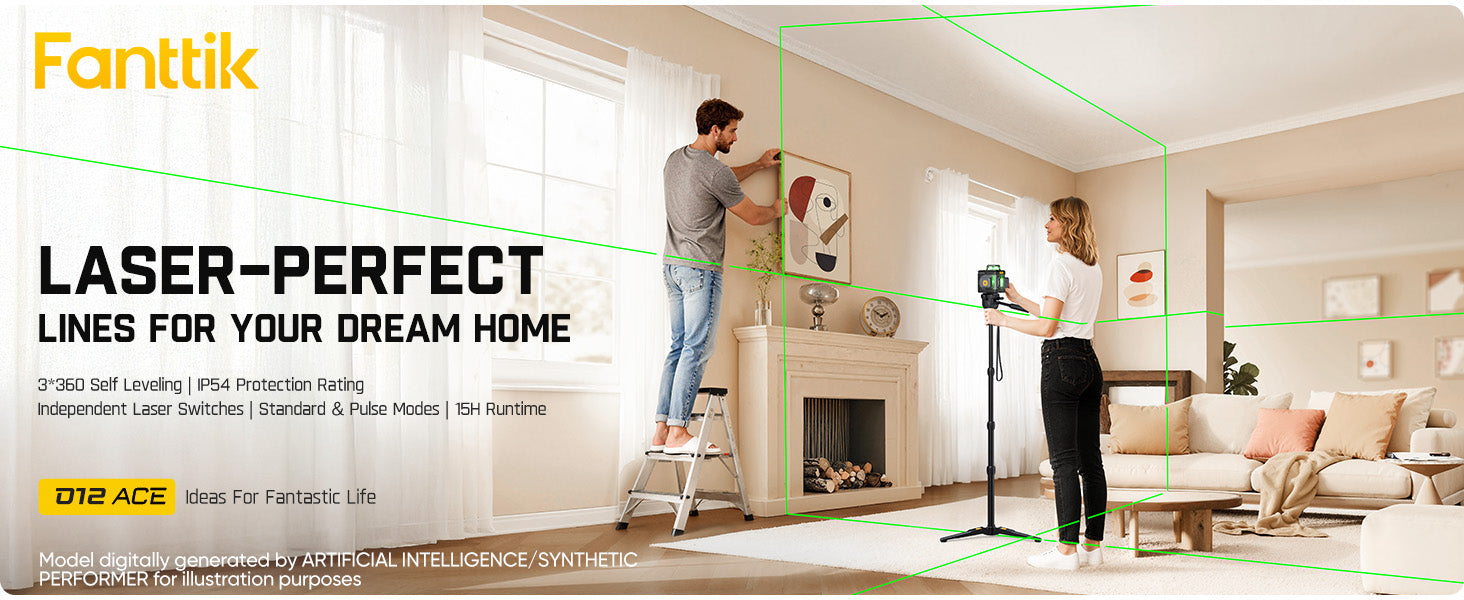 Fanttik D12 Ace laser level. Shows manual and self-leveling modes projecting green lines. Ideal for room and kitchen projects.