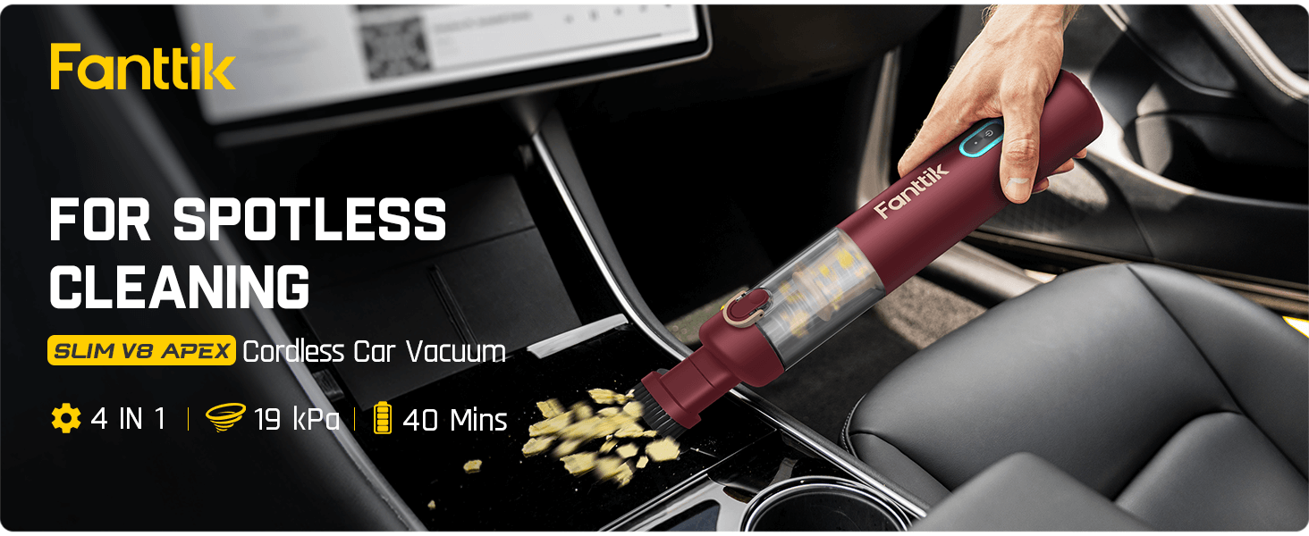 Fanttik Slim V8 Apex Car Vacuum, 4-in-1 Portable Mini Cordless Vacuum with 19000pa Suction Power, Type-C Charge, 2 Suction Modes, Handheld Vacuum for Car, Office Desk, Keyboards