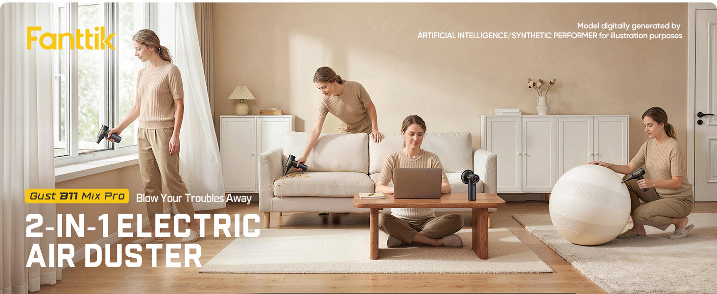 Woman using a 2-in-1 electric air duster in a living room setting.