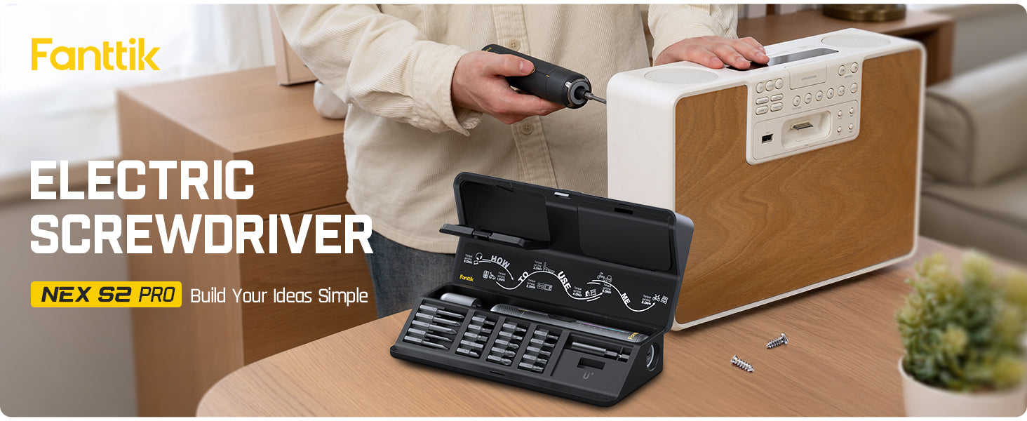 Fanttik S2 Pro 3.7V Electric Screwdriver, Cordless Screwdriver Set, 7 Torque Settings, 0.5 to 6N.m, 20 Magnetic Bits, 1/4''Hex Shank, with 90° Angle Adapter, for Furniture, Household Repairs