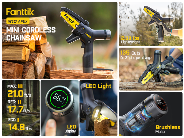 Fanttik TurboLite W10 APEX External Rotor Brushless Motor Mini Chainsaw Cordless with 3 Speed Adjustment, Type-C Fast Charging, LED Light for Tree Wood, Tools for Household and Garden