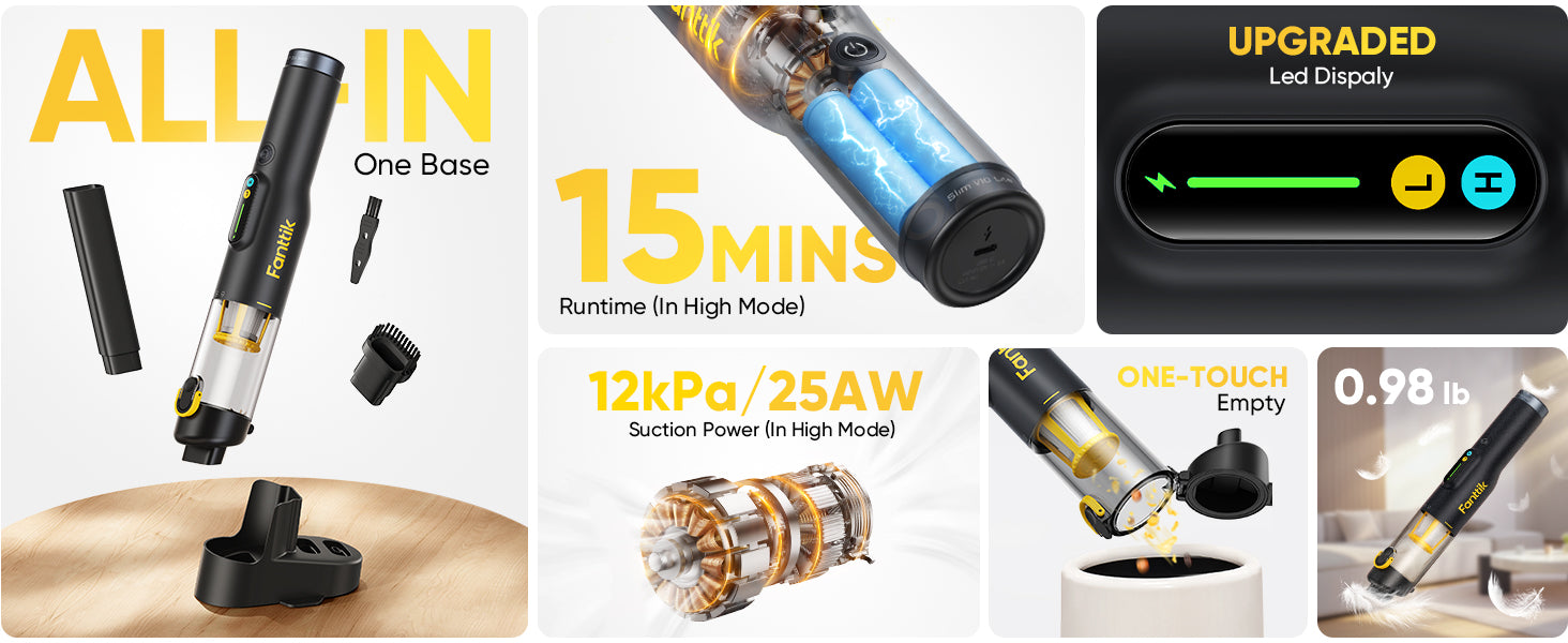 Fanttik Slim V10 Lite Cordless Handheld Vacuum, 0.98lb Lightweight with All-in-One Base Design, 12000Pa Suction & Smart LED Light, Portable Mini Vacuum Cleaner for Kitchen Table, Sofa, Car
