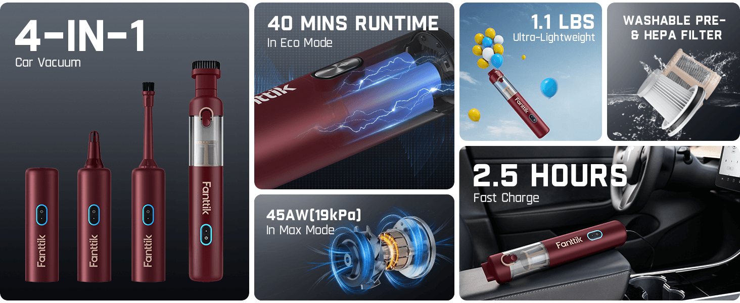 Fanttik Slim V8 Apex Car Vacuum, 4-in-1 Portable Mini Cordless Vacuum with 19000pa Suction Power, Type-C Charge, 2 Suction Modes, Handheld Vacuum for Car, Office Desk, Keyboards
