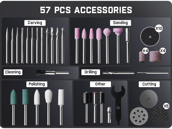 A 57-piece accessory set for a rotary tool, featuring various sanding, carving, polishing, drilling, and cutting bits, along with a wrench, displayed on a dark gray background with labeled sections.