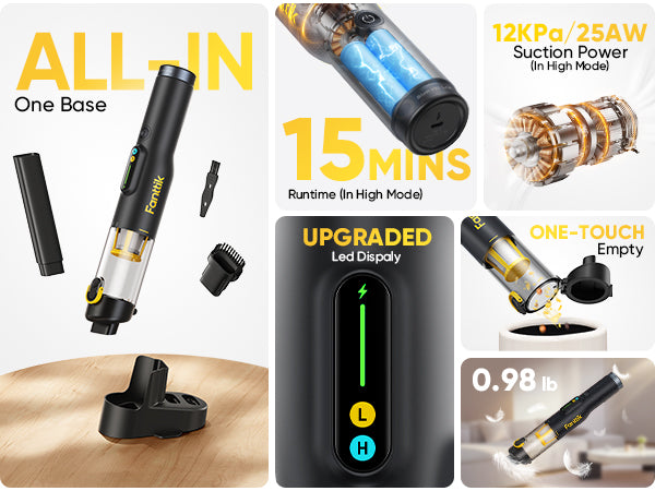 Fanttik Slim V10 Lite Cordless Handheld Vacuum, 0.98lb Lightweight with All-in-One Base Design, 12000Pa Suction & Smart LED Light, Portable Mini Vacuum Cleaner for Kitchen Table, Sofa, Car