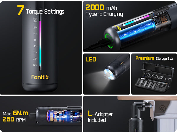 Fanttik S2 Pro 3.7V Electric Screwdriver, Cordless Screwdriver Set, 7 Torque Settings, 0.5 to 6N.m, 20 Magnetic Bits, 1/4''Hex Shank, with 90° Angle Adapter, for Furniture, Household Repairs