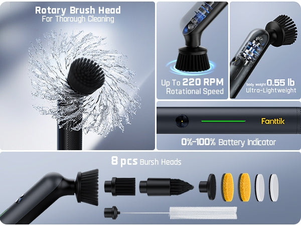 Fanttik G9 Nano Electric Spin Scrubber, Cordless Power Grout Brush, Type-C Fast Charging with LED Power Display, IPX7 Waterproof, 8 Replaceable Heads for Cleaning Grout, Tile, Shower, Tub