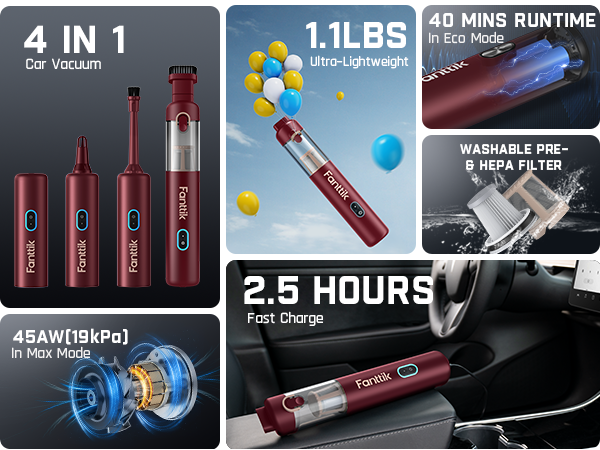 Fanttik Slim V8 Apex Car Vacuum, 4-in-1 Portable Mini Cordless Vacuum with 19000pa Suction Power, Type-C Charge, 2 Suction Modes, Handheld Vacuum for Car, Office Desk, Keyboards