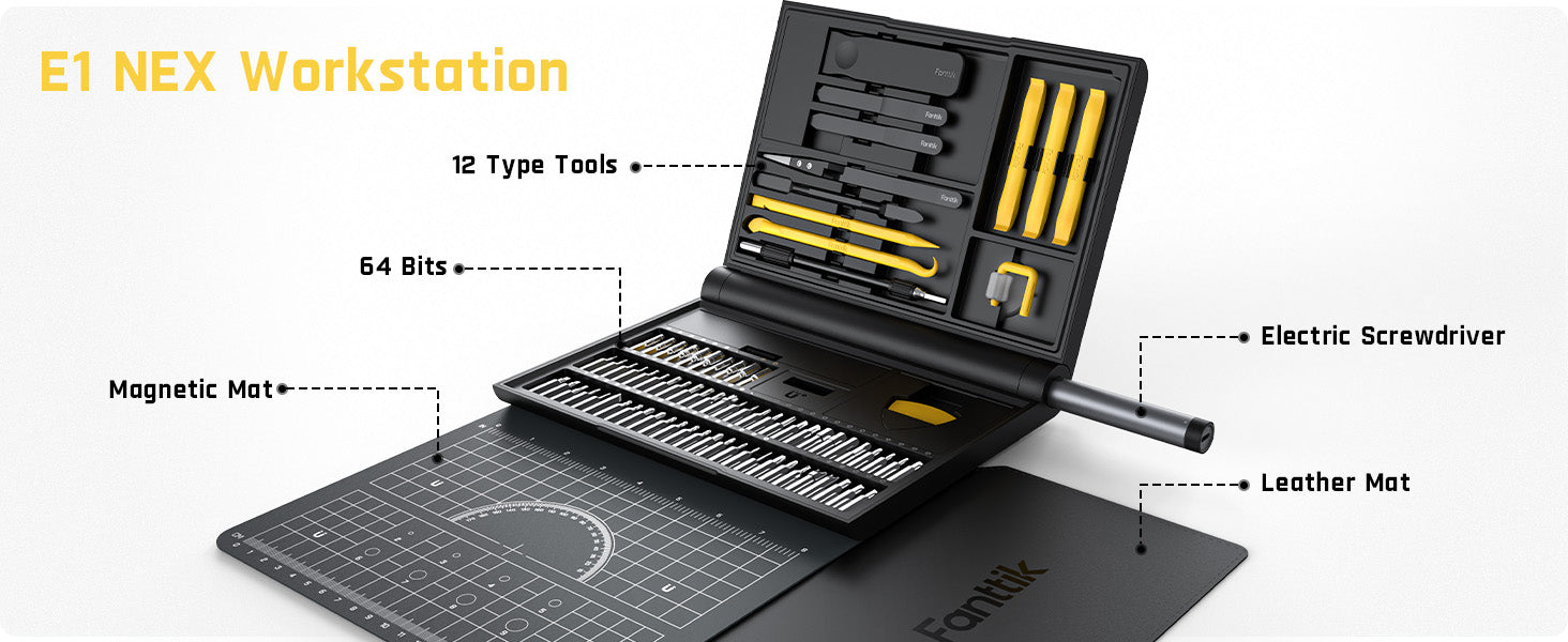 Fanttik E1 NEX Workstation Precision Electric Screwdriver Kit, 64 Magnetic Bits, 12 Types Fix Tools, 2 Torque Settings, Max. 3 N.m, Repair Tool for Phone Laptop Cameras Watch Electronics