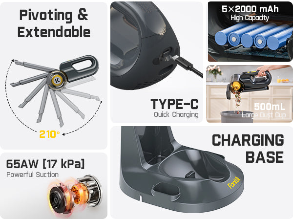 Fanttik Fold V10 Ultra Deluxe Handheld Vacuum Cordless, 17KPa Powerful Suction, Charging Base, Pivot Nozzle, Up to 35 Mins Runtime, Smart LED Display, DynamicClean™ Dustbuster Vacuum for Home, Car