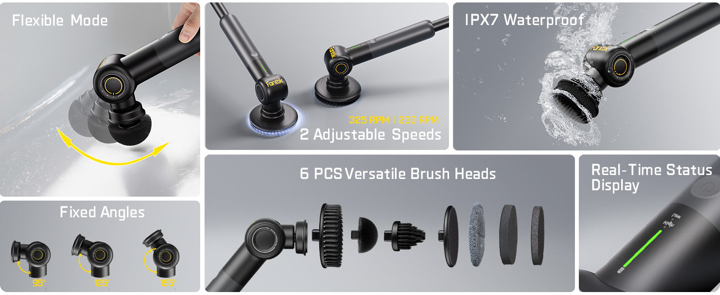 Fanttik G9 Pro Electric Scrubber, Dual-Speed (230/325 RPM) Rotary Cleaner with 6 Brush Heads, Adjustable Angle & Extendable Handle, IPX7 Waterproof, Type-C Charging for Bathroom, Tile, Grout
