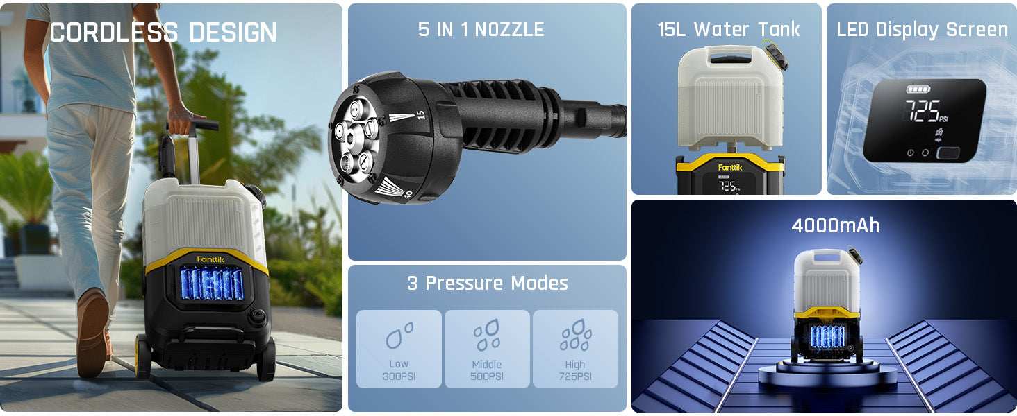 Fanttik NB8 Ultra Cordless Pressure Washer w/4.0 Gal Tank, Max 725PSI Electric Power Washer with 5-in-1 Nozzle, 20FT Hose, Adjustable Pressure, Foam Cannon Power Washer Cleaning for Car Washing, Patio