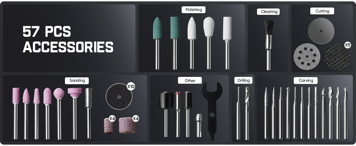 A 57-piece set of diamond rotary burr and sanding accessories displayed in a grid layout on a black background, featuring various bit shapes, rotating and cutting wheels, and drill bits.