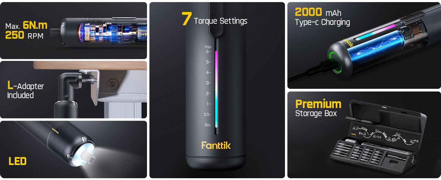 Fanttik S2 Pro 3.7V Electric Screwdriver, Cordless Screwdriver Set, 7 Torque Settings, 0.5 to 6N.m, 20 Magnetic Bits, 1/4''Hex Shank, with 90° Angle Adapter, for Furniture, Household Repairs