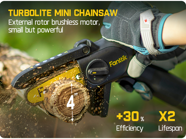 Fanttik TurboLite W10 APEX External Rotor Brushless Motor Mini Chainsaw Cordless with 3 Speed Adjustment, Type-C Fast Charging, LED Light for Tree Wood, Tools for Household and Garden