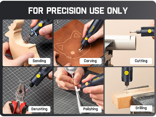 A 2x3 collage showing a handheld rotary carving/sanding tool in use for sanding wood, carving leather, cutting wood, derusting metal, polishing, and drilling, with the headline 'FOR PRECISION USE ONLY' at the top.
