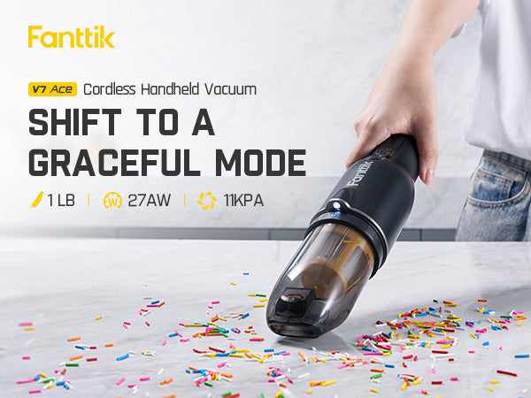 Fanttik Robustclea V7 Ace Handheld Vacuum Cordless, 11kPa/27AW Strong Suction, 1 LB Portable Vacuum, Two Modes Suction with LED Light, USB-C Fast Charging, Mini Vacuum for Home, Car, Pet