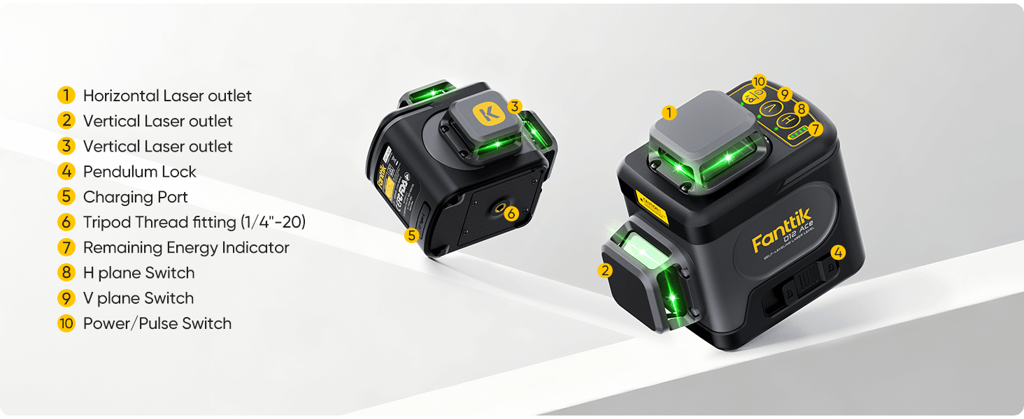 Fanttik D12 Ace Laser Level 360 Self Leveling, 3x360° Rechargeable 3D Green Cross Laser, Outdoor Pulse Mode, IP54 Durable, Easy to Use for Construction and Picture Hanging