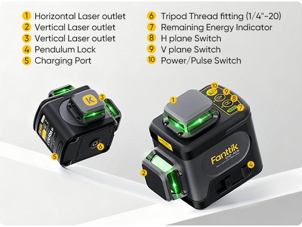 Fanttik D12 Ace Laser Level 360 Self Leveling, 3x360° Rechargeable 3D Green Cross Laser, Outdoor Pulse Mode, IP54 Durable, Easy to Use for Construction and Picture Hanging