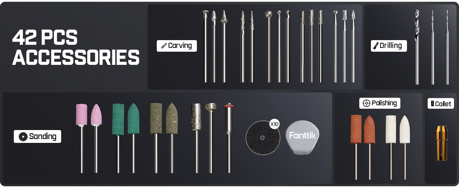 A product display of a 42-piece accessory set for a rotary tool, categorized by functions: Carving, Drilling, Sanding, Polishing, and Coating. The set includes various metal drill bits, carving and sanding sticks, colored abrasive wheels, a circular grinding disc, and a grey Fanttik pen.