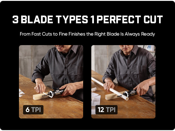 Promotional graphic for a 3-blade cutting system, featuring a black background with white headline text and two inset photos of a man using the tool on a wooden table. The left inset is labeled '6 TPI' and the right inset is labeled '12 TPI'.