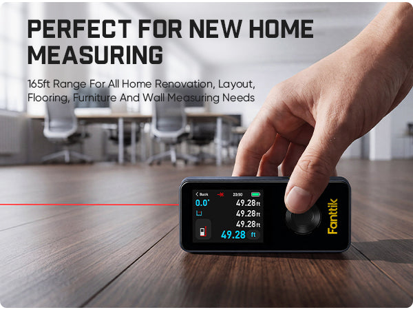 Hand using aFanttik Neo A11 Pro Laser Measuring Tool on a wooden floor with text about its use in home measuring.