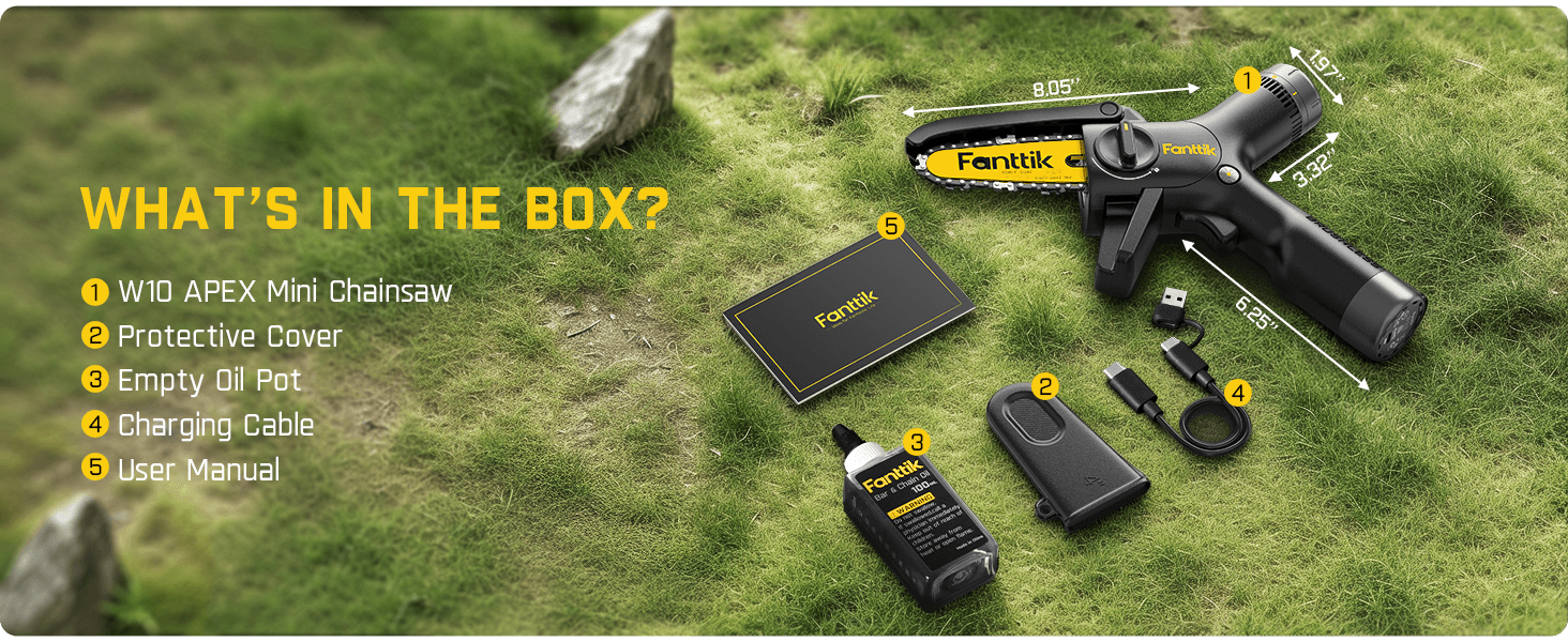 Fanttik TurboLite W10 APEX External Rotor Brushless Motor Mini Chainsaw Cordless with 3 Speed Adjustment, Type-C Fast Charging, LED Light for Tree Wood, Tools for Household and Garden