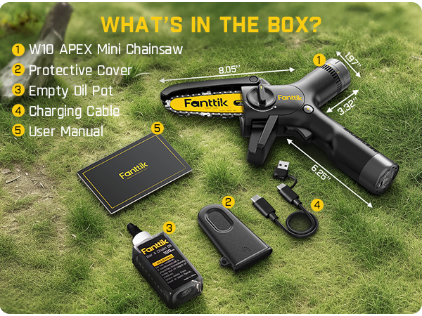Fanttik TurboLite W10 APEX External Rotor Brushless Motor Mini Chainsaw Cordless with 3 Speed Adjustment, Type-C Fast Charging, LED Light for Tree Wood, Tools for Household and Garden