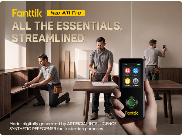 Person using a Fanttik Neo A11 Pro Laser Measuring Tool with a home automation app, surrounded by construction workers in a room.