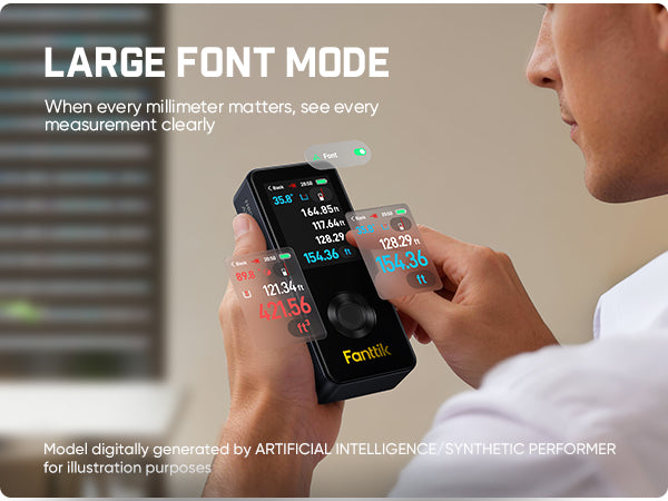 Person holding a Fanttik Neo A11 Pro Laser Measuring Tool with large font mode feature, brand 'Fantek' visible.