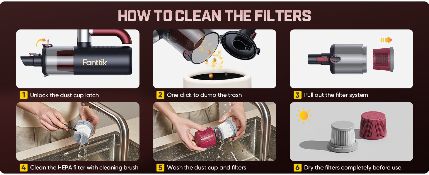 Step-by-step guide on how to clean filters with images and text.