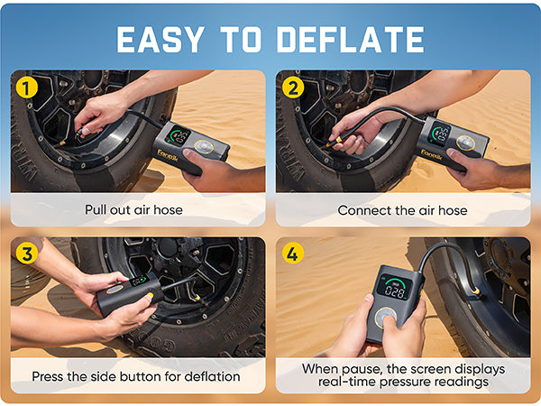 Step-by-step guide on how to deflate a tire using a digital gauge.