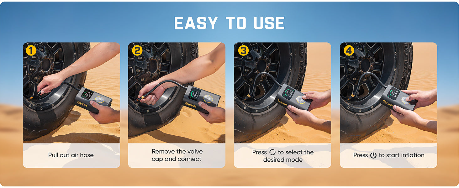 Step-by-step guide on how to use a tire inflator with labeled actions.