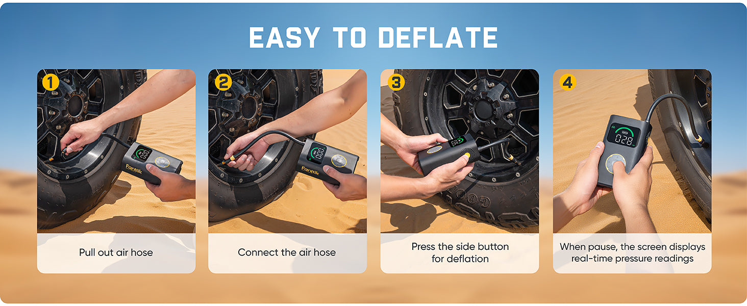 Step-by-step guide on how to deflate a tire using a digital pressure gauge.