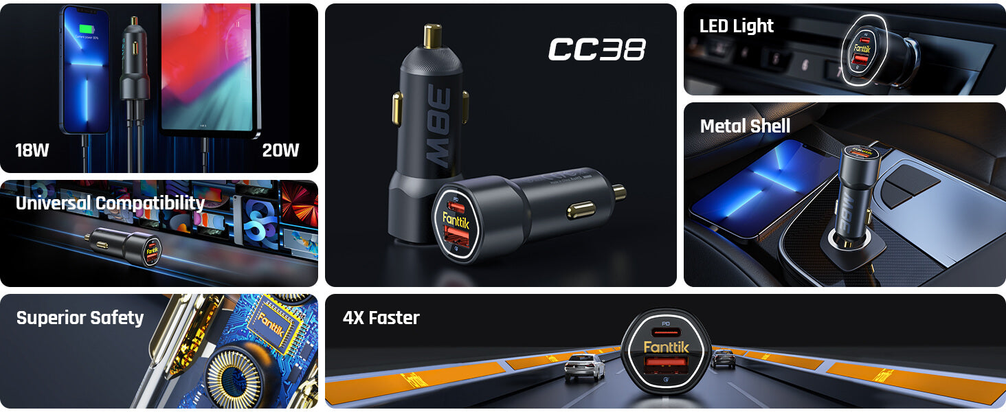Fanttik USB C Car Charger, 38W Dual Port Fast Charging Car Adapter