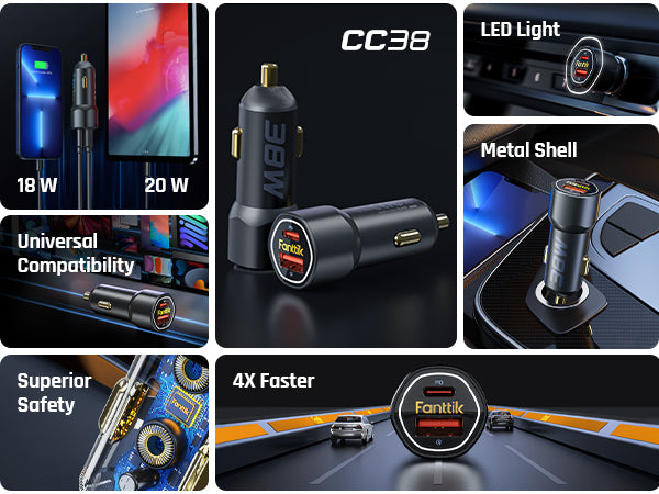 Fanttik USB C Car Charger, 38W Dual Port Fast Charging Car Adapter