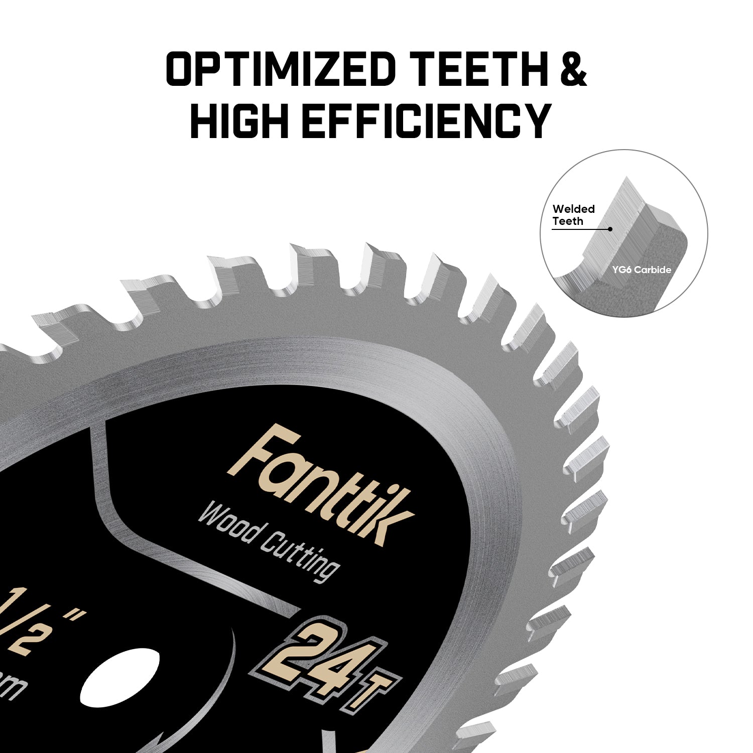 A close-up of a Fanatik wood cutting saw blade with large text reading 'OPTIMIZED TEETH & HIGH EFFICIENCY' and a small inset showing welded teeth and TIG coating.