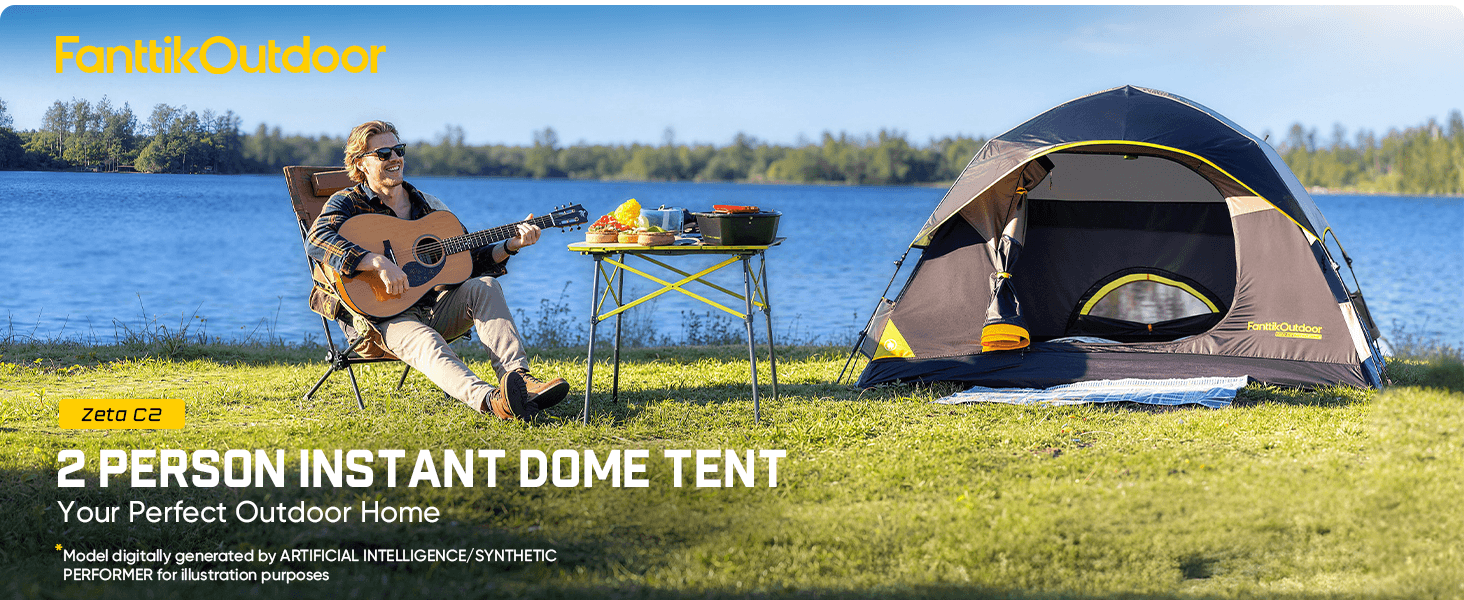 Person playing guitar by a tent by a lake, with 'FantikOutdoor' branding.
