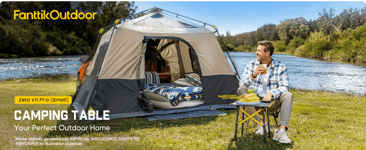 Person sitting by a tent with a camping table near a body of water, featuring FantikOutdoor branding.