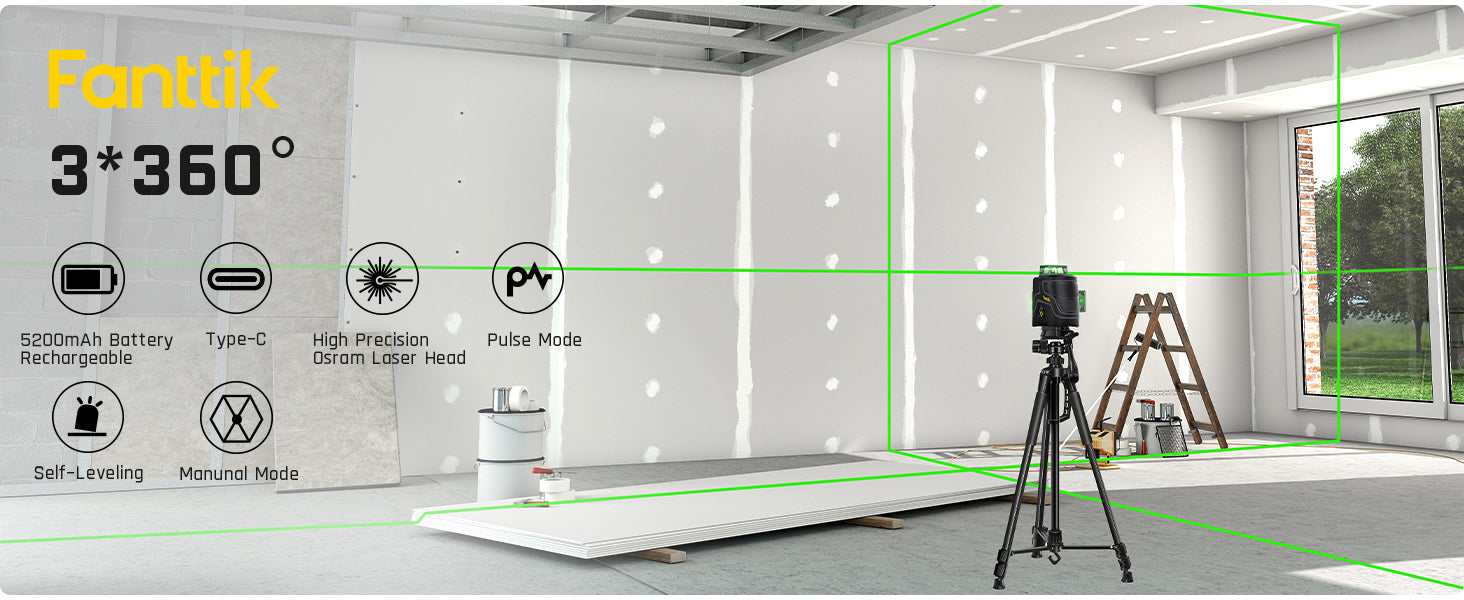 Fanttik D12 PLUS Laser Level 3×360°, Self-leveling Green Cross Line, 12 Lines for Construction and Picture Hanging, 5200mAh Battery Rechargeable, 200ft Outdoor Pulse Mode, Class II (<1 mW max output)