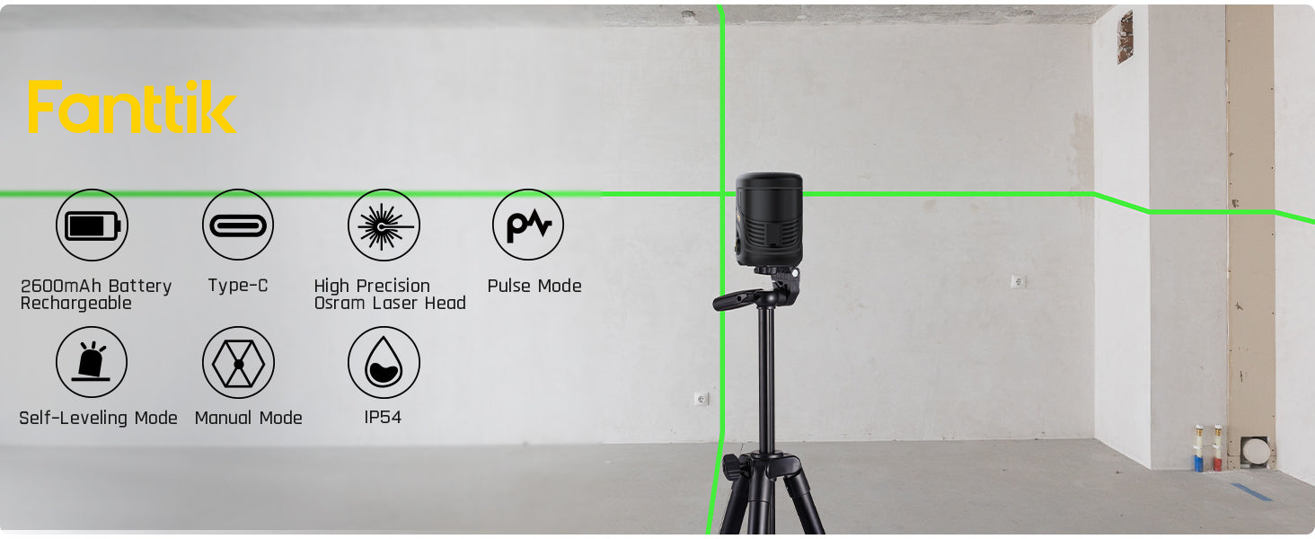 Fanttik D2 PLUS Cross Line Laser, Vertical Green Beam Spread Covers of 130°, DIY Self-leveling Mode, 2600mAh Built-in Rechargeable Battery, 100Ft Visibility, Pulse Mode, Class II (<1 mW max output)