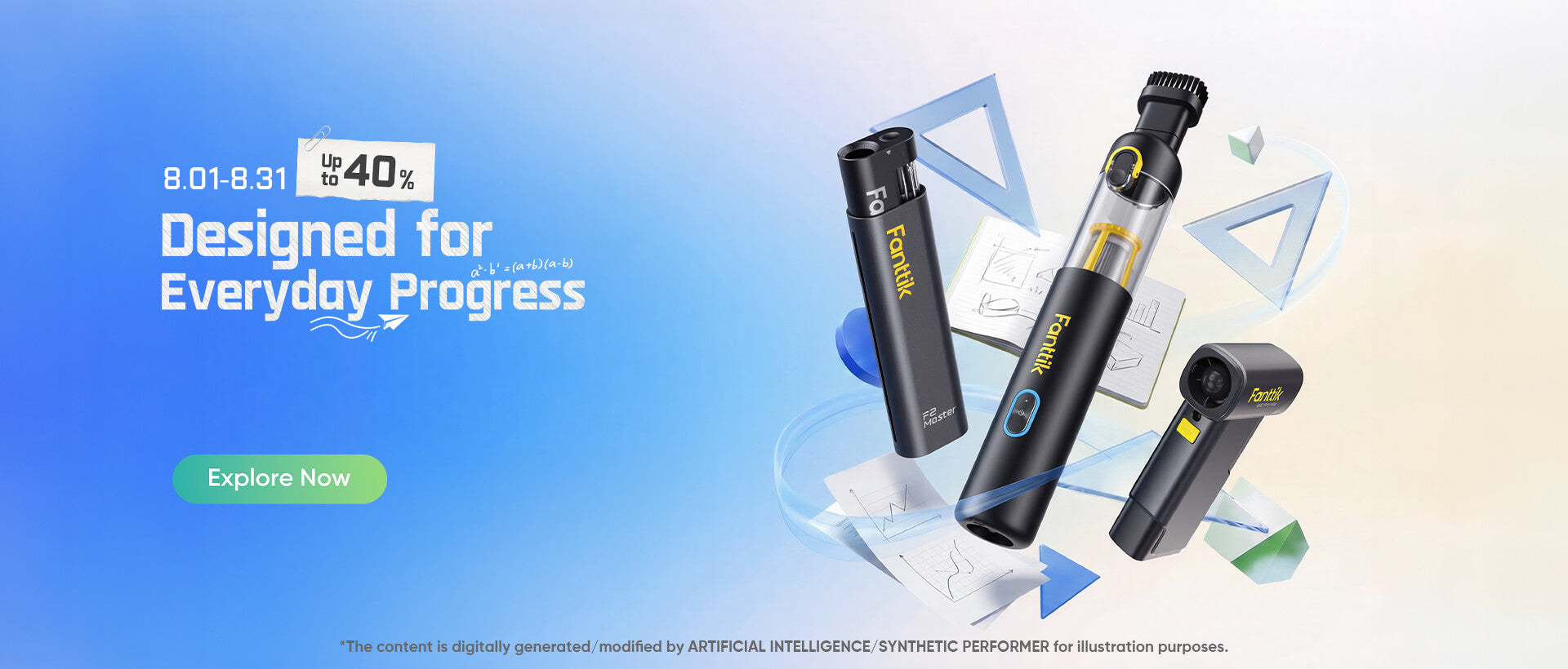 Back-to-school season themed banner, the event runs from August 1st to August 31st. with promotional text reading 'Designed for Everyday Progress' and an 'Explore Now' button. Click to jump to the product promotion page.
