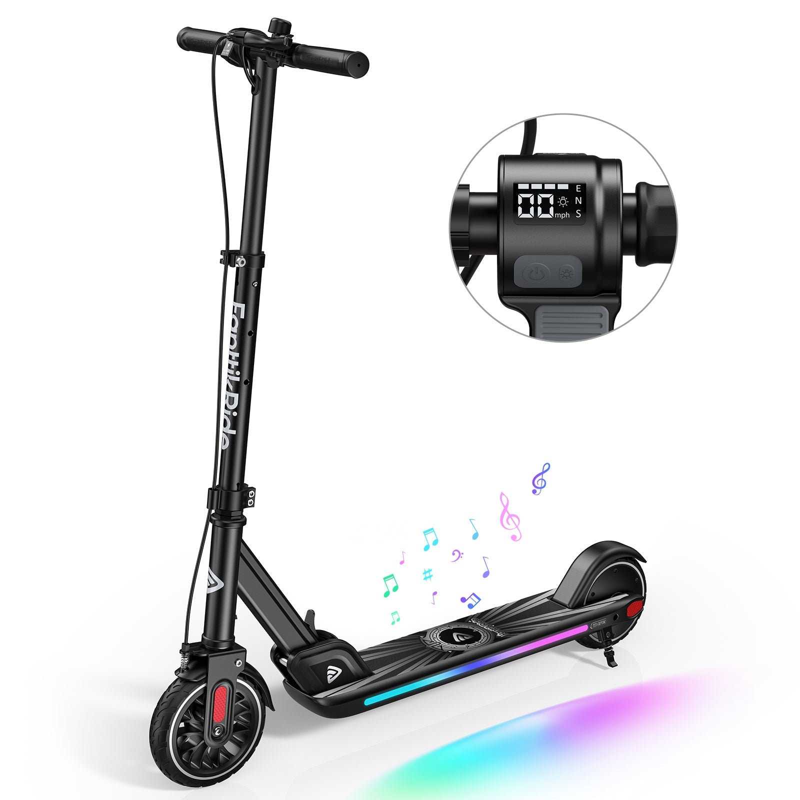 FanttikRide T9 Apex Electric Scooter for Kids 13+ 200W Motor, LED Colorful Lights with Bluetooth Music Speaker, 7/10/12 MPH Digital Display, Adjustable Height, Foldable E-Scooter for Teens