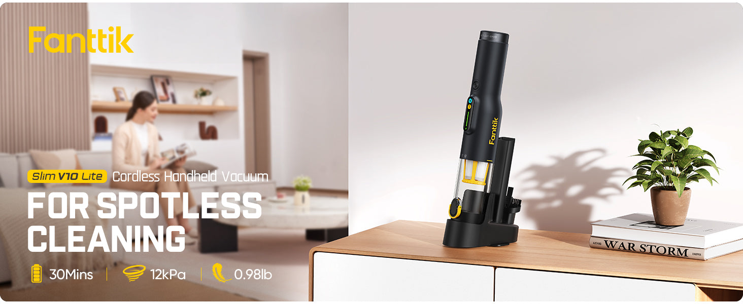 Fanttik Slim V10 Lite Cordless Handheld Vacuum, 0.98lb Lightweight with All-in-One Base Design, 12000Pa Suction & Smart LED Light, Portable Mini Vacuum Cleaner for Kitchen Table, Sofa, Car