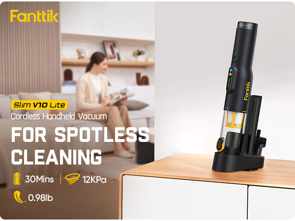Fanttik Slim V10 Lite Cordless Handheld Vacuum, 0.98lb Lightweight with All-in-One Base Design, 12000Pa Suction & Smart LED Light, Portable Mini Vacuum Cleaner for Kitchen Table, Sofa, Car